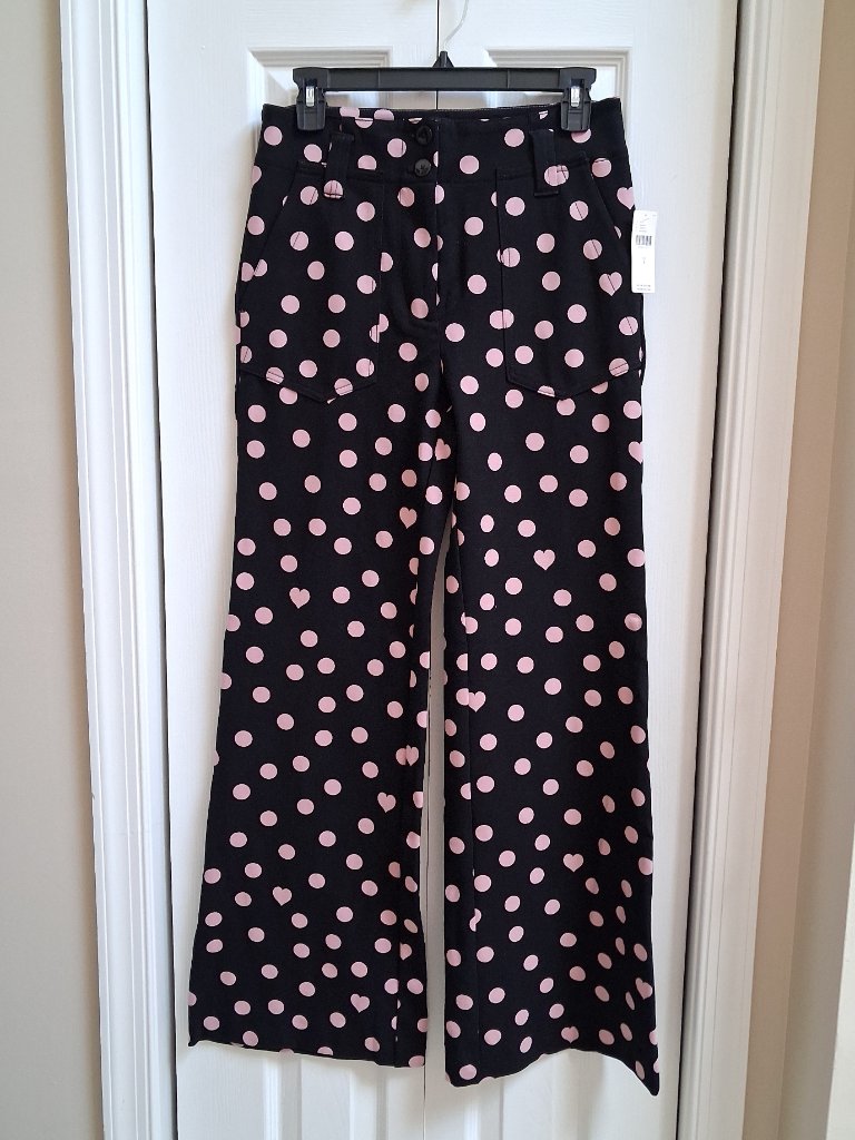 Nwt Maeve By Anthropologie The Naomi Black W/Pink Dot Wide Leg Pants Sz 4